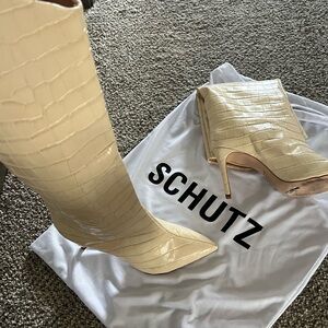 Cream high heel boots Schulz faux alligator skin 
Designer